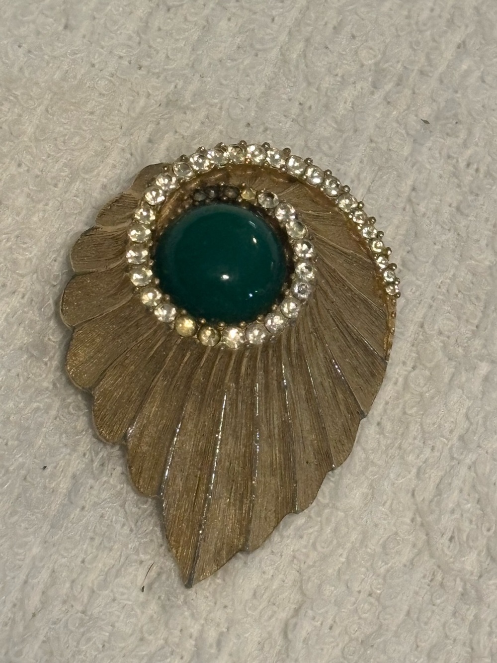 Vintage Leaf Brooch with Green Stone and Rhinestones *Flaw